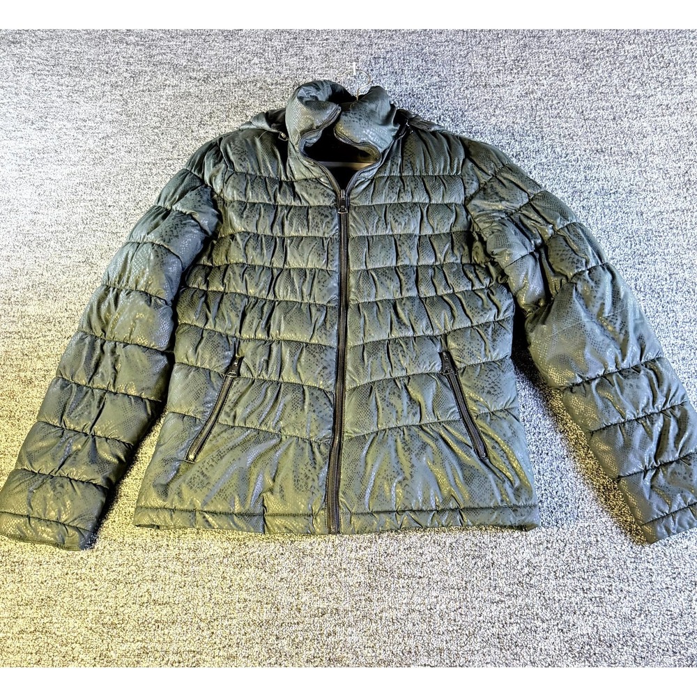 Kenneth Cole Puffer Jacket Women Small Green Snake Print Quilted Full Zip Winter